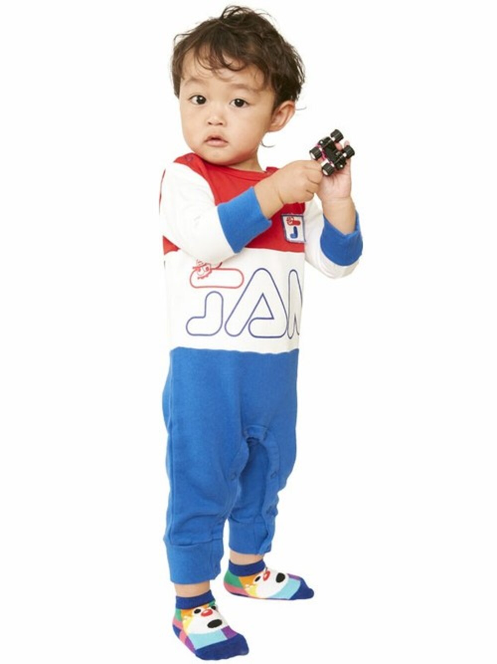 「スポーツミックス、ロンパース、レトロ、baby、パロディ、ベビーソックス、ベビーコーデ、JAM 、stories、ストーリーズ」｜「JAMのJAM SPORTSロンパ（ロンパース、ブルー系）」を使った、storiesさん（キッズ・110cm）の夏コーディネートの1枚目の写真