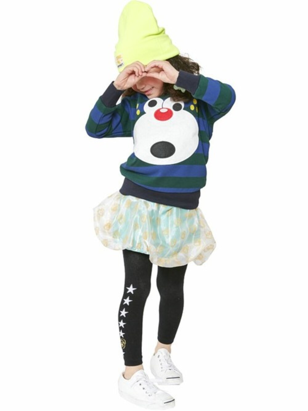 「ミニスカート、kids、レギンス、スポーツミックス、キッズコーデ、ボーダートップス、バルーンスカート、JAM 、stories、ストーリーズ」｜「JAMのキラキラテンチョーバルーンミニスカート（スカート、ブルー系）」を使った、storiesさん（キッズ・110cm）の夏コーディネートの1枚目の写真