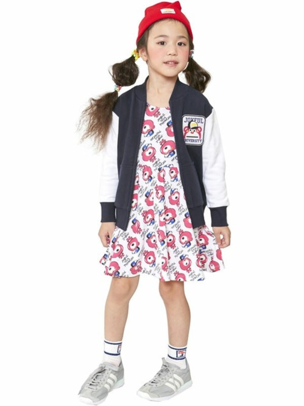 「ワンピース、スタジャン、kids、スポーツミックス、キッズコーデ、ラインソックス、ネイビー×ホワイト、JAM 、stories、ストーリーズ」｜「JAMのジョイフルユニバーシティZIPトレーナー（スウェット、ブルー系）」を使った、storiesさん（キッズ・110cm）の秋コーディネートの1枚目の写真
