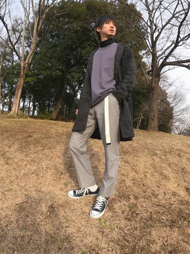 「HARE（ハレ）のアイテム（スラックス、グレー系）」を使った、ゆうまりも。さん（メンズ・166cm）の春コーディネート