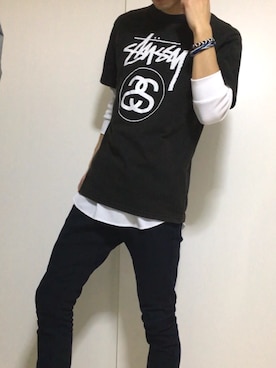 「STUSSY（ステューシー）のアイテム（Tシャツ/カットソー、ブラック系）」を使った、ゆうまりも。さん（メンズ・166cm）の春コーディネート
