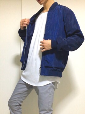 「no brand（ノーブランド）のアイテム（MA-1、ブルー系）」を使った、ゆうまりも。さん（メンズ・166cm）の春コーディネート