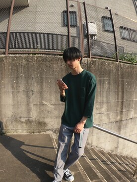 「CIAOPANIC（チャオパニック）のアイテム（Tシャツ/カットソー、グリーン系）」を使った、ゆうまりも。さん（メンズ・166cm）の春コーディネート