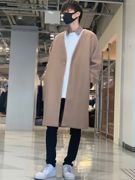 「MinoriTY（マイノリティ）のアイテム（ノーカラーコート）」を使った、ともやさん（メンズ・176cm）の秋コーディネート