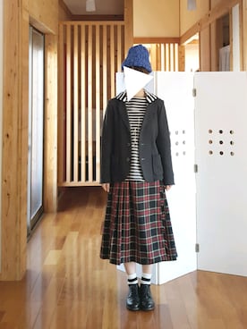 「柄×柄」｜「アイテム（ニットキャップ/ビーニー）」を使った、yoshiさん（レディース・158cm）の冬コーディネート