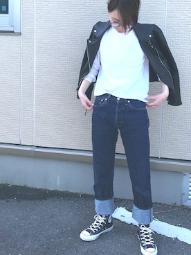「セントジェームス」｜「アイテム（ライダースジャケット）」を使った、u.さん（レディース・158cm）の春コーディネート