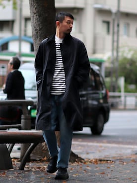 「Barbour（バブアー）のアイテム（ステンカラーコート）」を使った、hirataさん（メンズ・181cm）の冬コーディネート