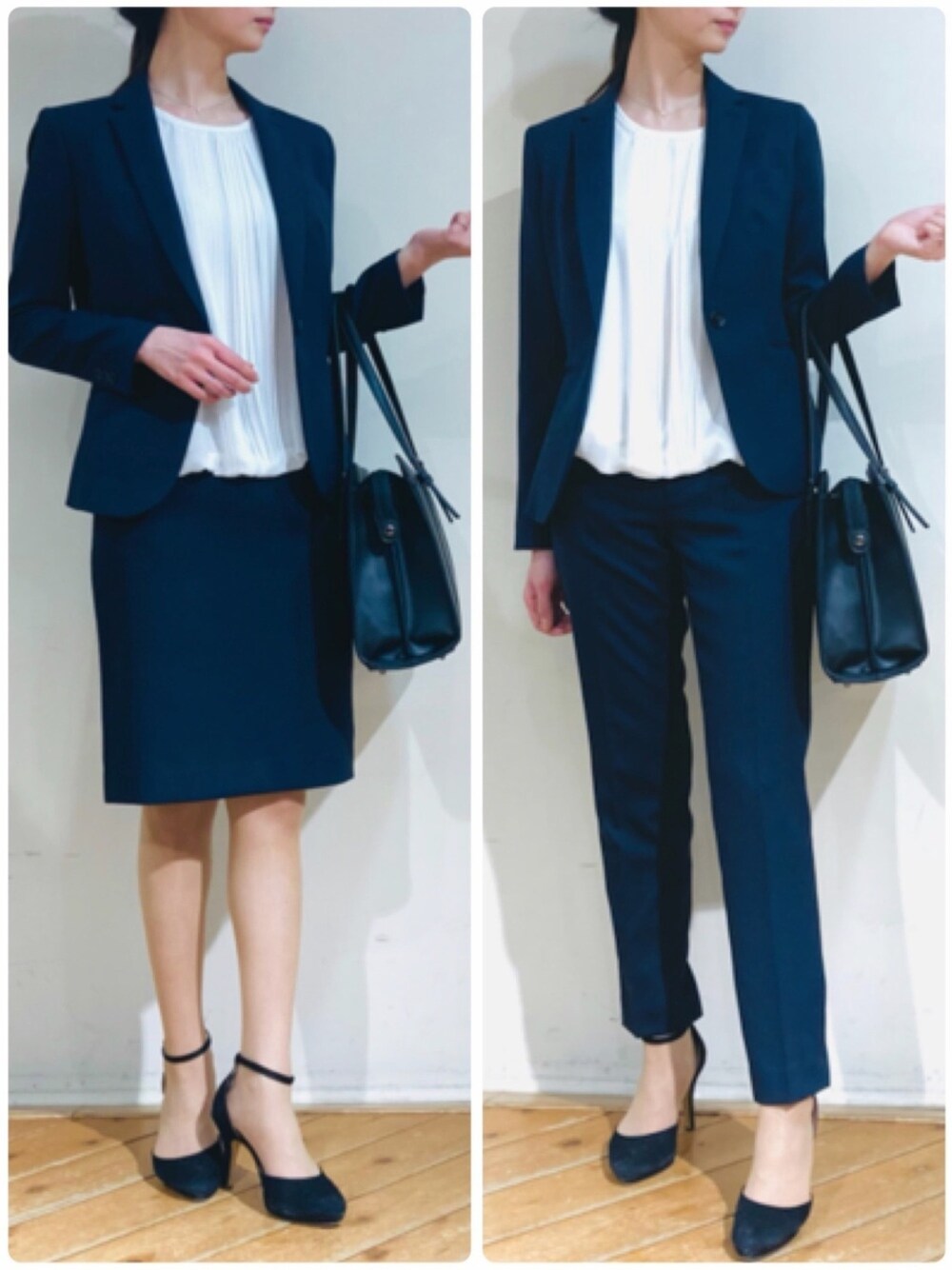 ホワイト系のTシャツ/カットソー、ブラック系のビジネスバッグを着用したレディースの冬コーディネートの1枚目の写真