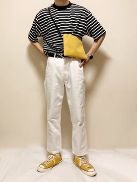 「UNIQLO（ユニクロ）のワイドフィットテーパードジーンズ（デニムパンツ、ホワイト系）」を使った、はるさん（メンズ・177cm）の春コーディネート