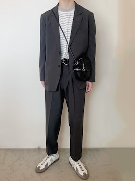 「UNIQLO（ユニクロ）のワイドフィットテーパードパンツ セットアップ可能（その他パンツ、グレー系）」を使った、はるさん（メンズ・177cm）の春コーディネート