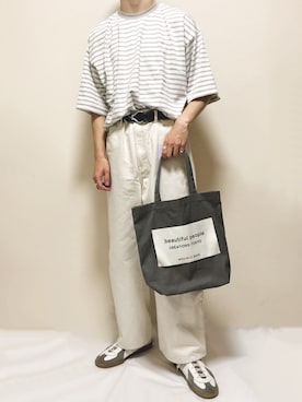 「beautiful people（ビューティフルピープル）のアイテム（トートバッグ、グレー系）」を使った、はるさん（メンズ・177cm）の春コーディネート