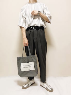 「UNIQLO（ユニクロ）のワイドフィットテーパードパンツ セットアップ可能（その他パンツ、グレー系）」を使った、はるさん（メンズ・177cm）の春コーディネート