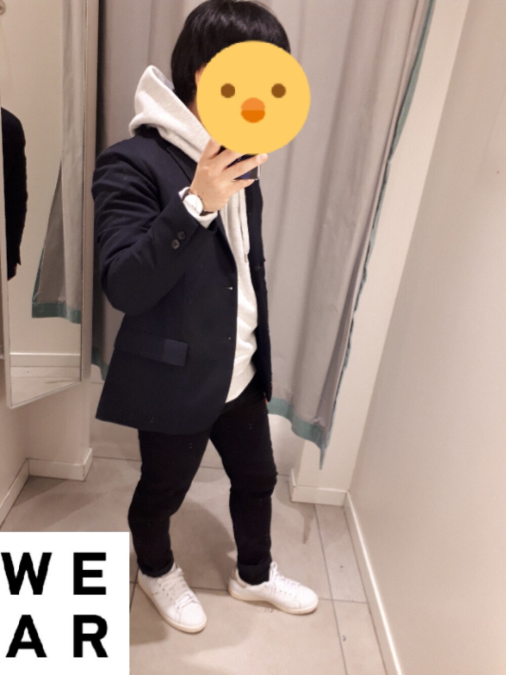 「キレイめ、パーカー、ジャケット、UNIQLO、UNIQLO U、adidas originals、低身長、きれいめカジュアル」｜「WHEIR Bobsonの[WHEIR Bobson / ウェアボブソン] SKINNY JEANS（デニムパンツ、ブラック系）」を使った、まこち(相互フォロー、❤返ししてます)さん（メンズ・155cm）の秋コーディネートの1枚目の写真