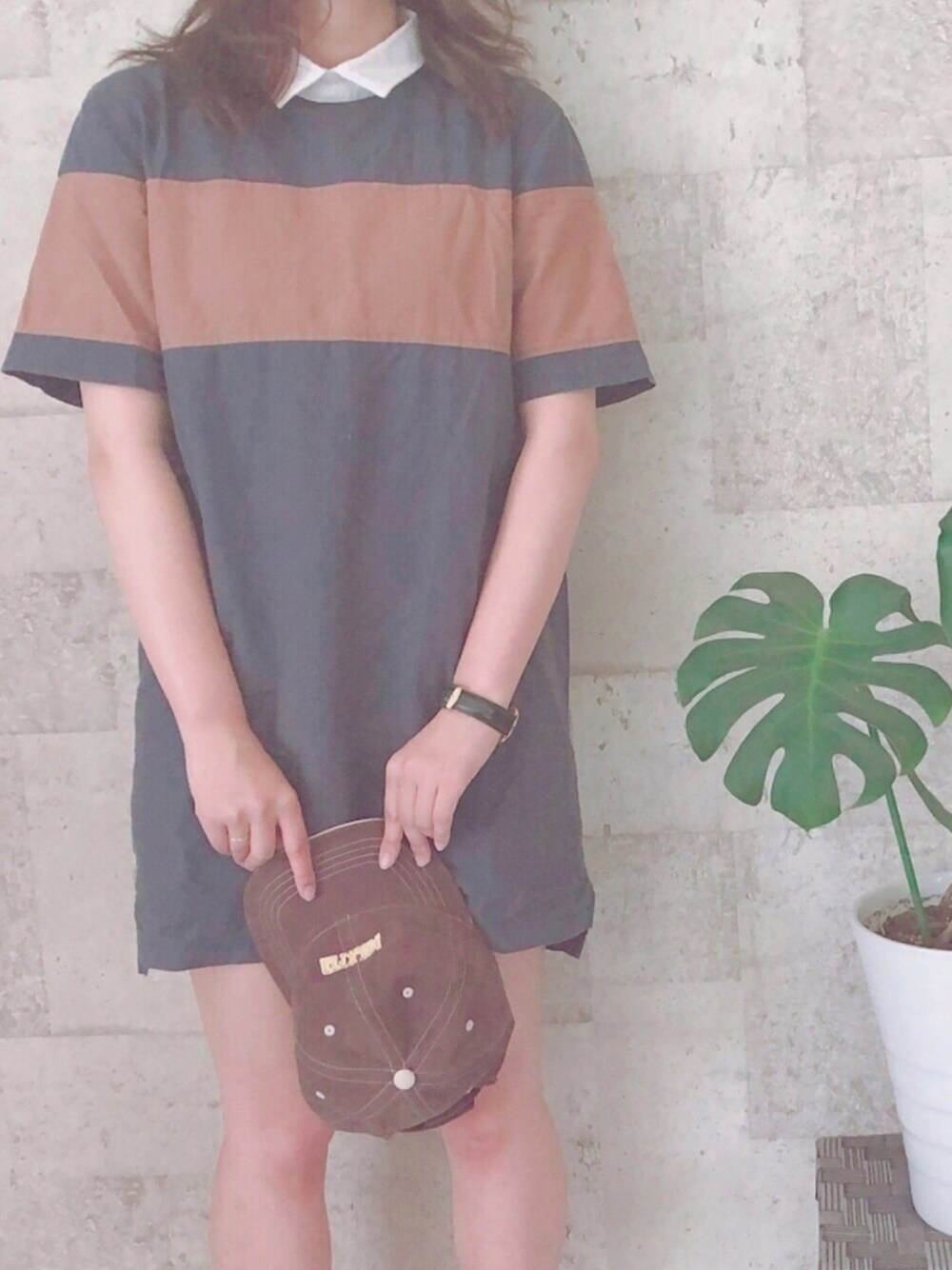 「ラガーシャツ、ラガーシャツワンピース、キャップ、Kastane、MILKFED、Daniel Wellington、カジュアル、カジュアルコーデ」｜「Kastaneの【Kastane】半袖ラガーワンピース（ワンピース、ブルー系）」を使った、あぷさん（レディース・161cm）の夏コーディネートの1枚目の写真