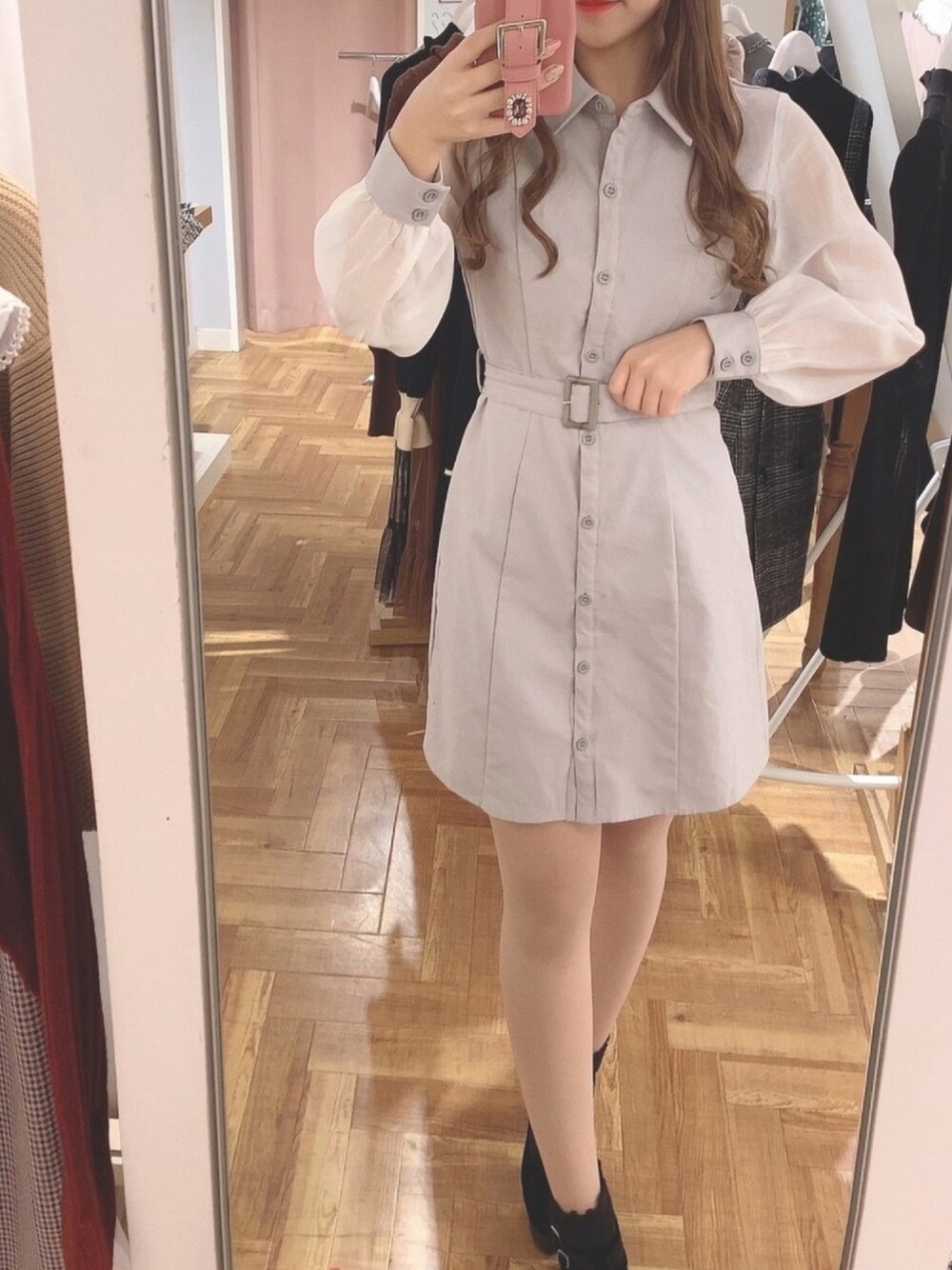 「キレイめ、シンプル、私の推しブランド、低身長、春コーデ、春、グレー、ライトブルー、大人ガーリー、オトナ女子」｜「TITTY&CO.のシアースリーブミニワンピース（ワンピース、ブルー系）」を使った、🎀 𝐄𝐦𝐢𝐫𝐢 🎀さん（レディース・153cm）の冬コーディネートの1枚目の写真