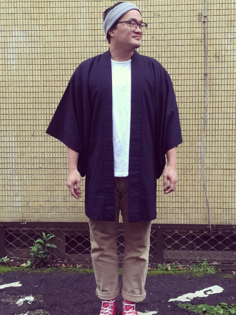 「はおり、古著」｜「古著のはおり（浴衣、ブルー系）」を使った、君暘 沈さん（メンズ・178cm）の秋コーディネートの1枚目の写真