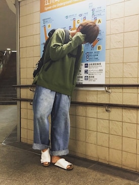 「WEGO（ウィゴー）のWEGO/カラー起毛ビッグプルオーバー（スウェット、グリーン系）」を使った、MASKさん（メンズ・175cm）の秋コーディネート