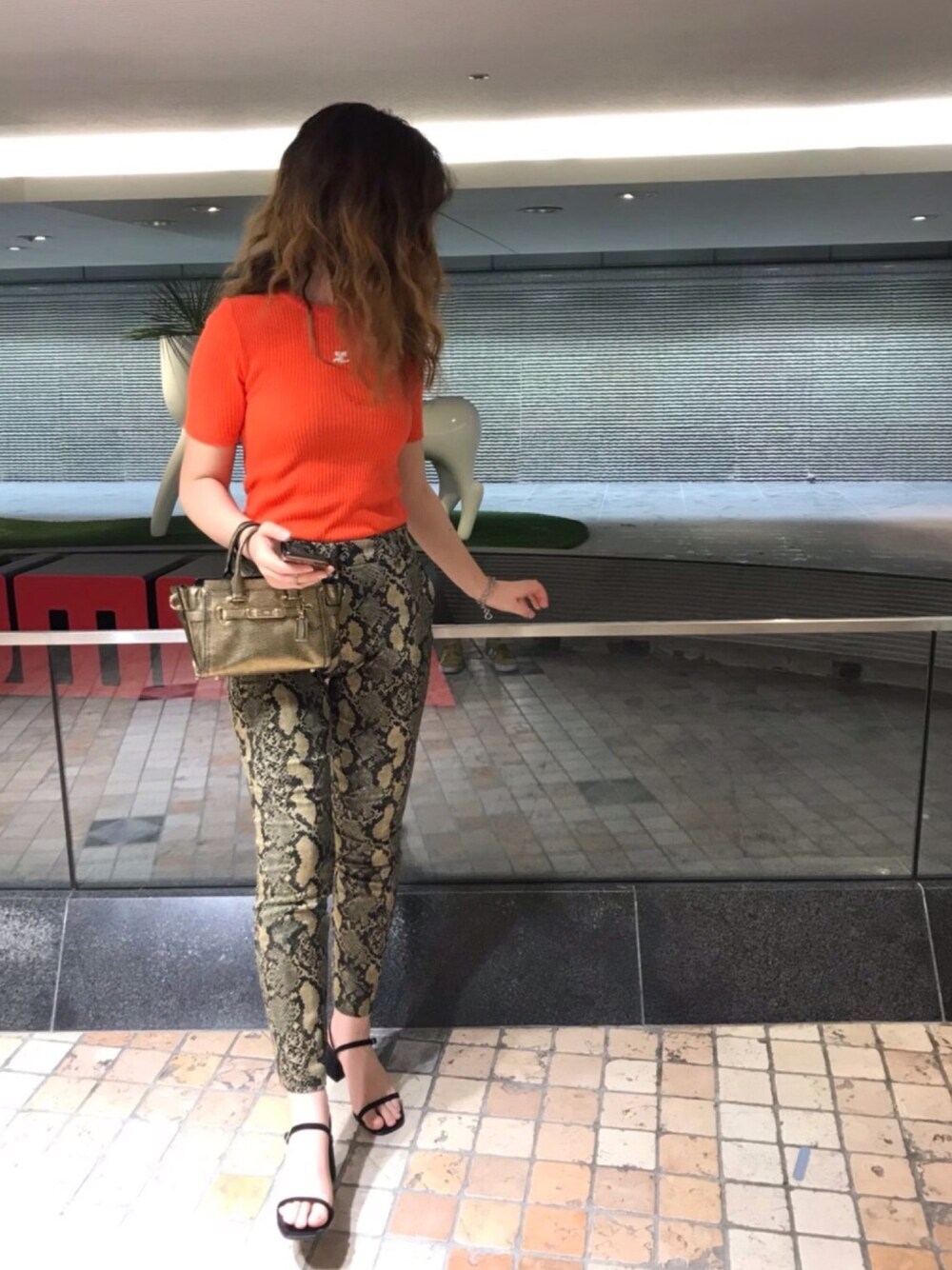 「パイソン柄、オレンジ」｜「COACHのアイテム（バッグ、ゴールド系）」を使った、zeeさん（レディース・166cm）の秋コーディネートの1枚目の写真