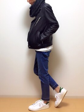 「HARE（ハレ）のアイテム（ライダースジャケット）」を使った、sawaさん（メンズ・173cm）の冬コーディネート