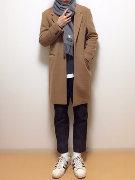 「MONKEY TIME（モンキータイム）のアイテム（チェスターコート）」を使った、sawaさん（メンズ・173cm）の冬コーディネート