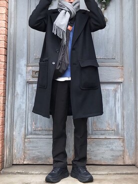 「LIDNM（リドム）のアイテム（チェスターコート）」を使った、sawaさん（メンズ・173cm）の冬コーディネート