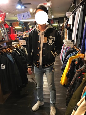 「Mitchell&Ness（ミッチェル&ネス）のアイテム（スタジャン）」を使った、39さん（レディース・160cm）の秋コーディネート