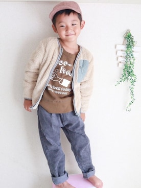 「MAKE YOUR DAY（メイクユアデイ）のアイテム（ノーカラージャケット）」を使った、makeyourday_officialさん（キッズ・107cm）の秋コーディネート