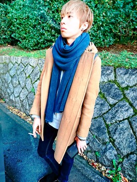「金髪」｜「アイテム（ダッフルコート）」を使った、宏さん（メンズ・177cm）の春コーディネート