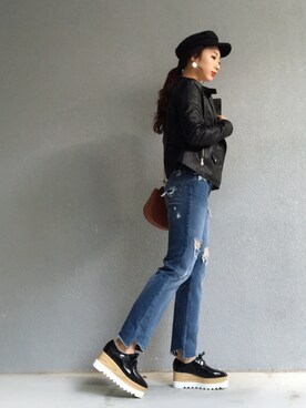 「stradivarius（ストラディバリウス）のアイテム（ライダースジャケット）」を使った、miniii◡̈︎♡﻿さん（レディース・165cm）の冬コーディネート