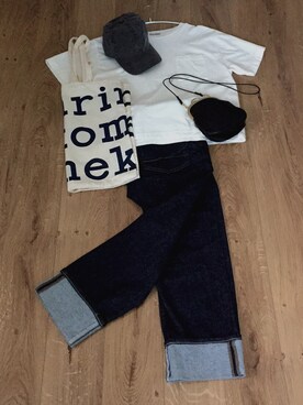 「niko and...（ニコアンド）のUSAコットンクルーネックUVTシャツ【niko and ...】（Tシャツ/カットソー、ホワイト系）」を使った、Hanuruさん（レディース・156cm）の秋コーディネート