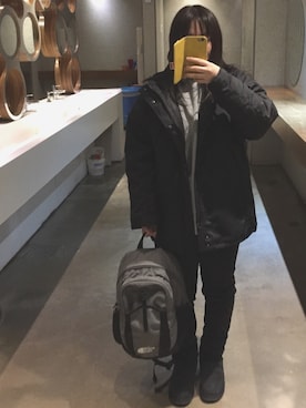 「LOWRYS FARM（ローリーズファーム）のオックスナカワタマンパ　818256（マウンテンパーカー、ブラック系）」を使った、Hanuruさん（レディース・156cm）の冬コーディネート