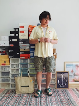 「Red Cloud MFG & Co（-）のアイテム（カーゴパンツ）」を使った、JPさん（メンズ・173cm）の夏コーディネート