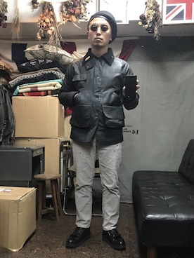 「オイルドジャケット」｜「アイテム（ハンチング/ベレー帽）」を使った、NobuoYamaguchiさん（メンズ・169cm）の冬コーディネート