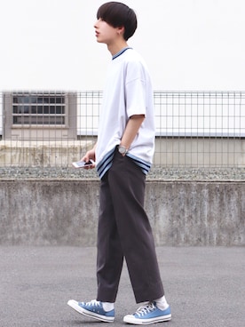 「リブクルーネックt」｜ろむしさん（メンズ・175cm）の夏コーディネート