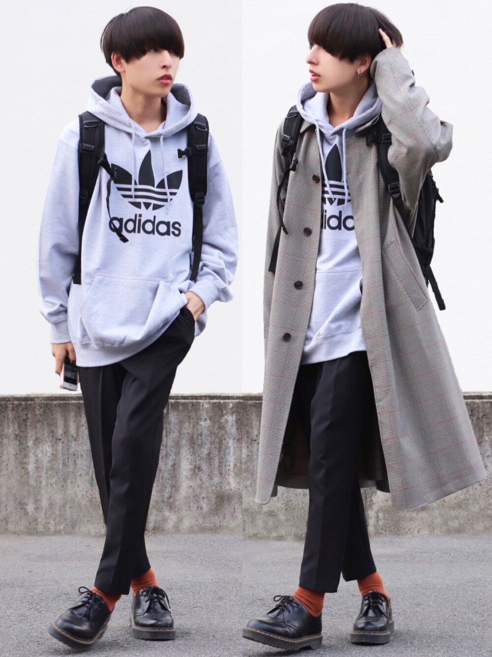「パーカー、グレー、コート、オーバーサイズ、スラックス、いいね、save、フォローお願いします🤑」｜「adidasのadidas アディダス TREFOIL HOODIE トレフォイル フーディー プルオーバーパーカー（パーカー、グレー系）」を使った、ろむしさん（メンズ・174cm）の秋コーディネートの1枚目の写真
