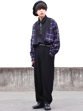 「ノーカラーシャツ」｜「アイテム（スウェット）」を使った、ろむしさん（メンズ・174cm）の冬コーディネート