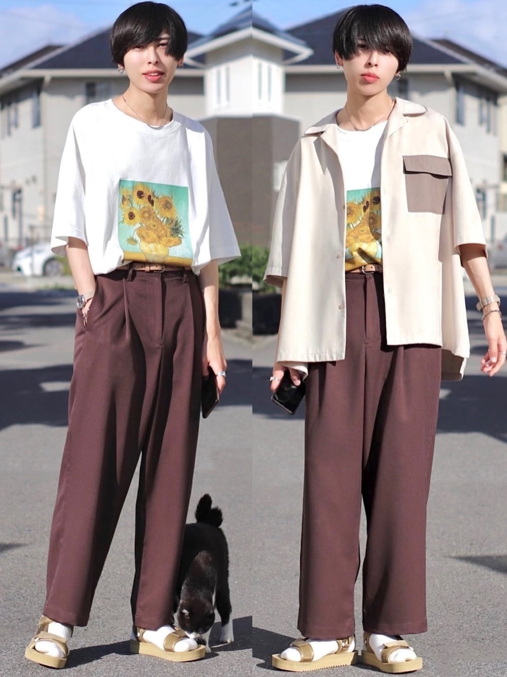 「EMMA CLOTHESのART×EMMA CLOTHES別注 アート転写プリントビックシルエット半袖カットソー（Tシャツ/カットソー、ホワイト系）」を使った、ろむしさん（メンズ・174cm）の夏コーディネートの1枚目の写真