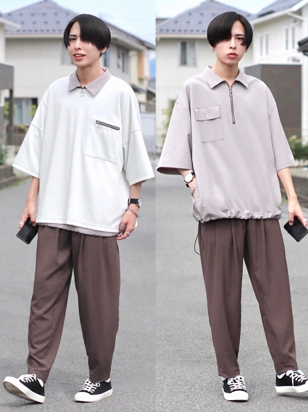 「NILWAYの【Nilway】 梨地バルーンシルエットパンツ（スラックス、ブラウン系）」を使った、ろむしさん（メンズ・174cm）の夏コーディネートの1枚目の写真