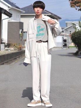 「MONO-MART（モノマート）のシルケットライク天竺 オーバーサイズイラストプリントL/Sカットソー/バックプリント（Tシャツ/カットソー）」を使った、ろむしさん（メンズ・174cm）の秋コーディネート