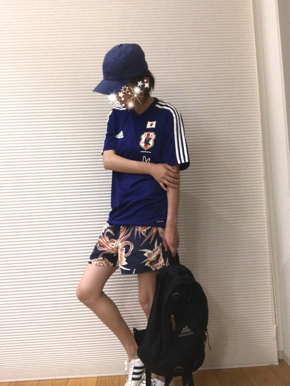 「サッカー日本代表応援コーデ、カジュアルコーデ、おしゃれさんと繋がりたい、summer、タンパンスタイル、メンズライク、スポーツミックス、スニーカーコーデ」｜「UNIQLOのアイテム（キャップ、ブルー系）」を使った、みっきさん（レディース・162cm）の夏コーディネートの1枚目の写真