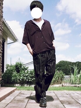 「RAGEBLUE（レイジブルー）のオープンカラーシャツ2/808891（シャツ/ブラウス、パープル系）」を使った、TAKUMI.さん（メンズ・171cm）の夏コーディネート