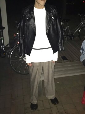 「L.H.P（エルエイチピー）のアイテム（ライダースジャケット）」を使った、Nisiyさん（メンズ・180cm）の春コーディネート