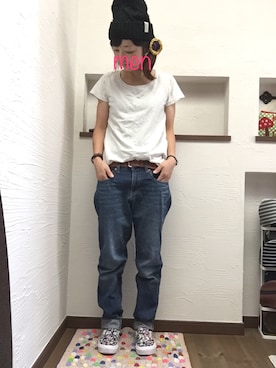 「Tシャツ×デニム」｜「アイテム（スリッポン）」を使った、めんさん（レディース・149cm）の秋コーディネート