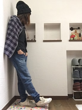 「SEVENDAYS=SUNDAY（セブンデイズサンデイ）のアイテム（ニットキャップ/ビーニー）」を使った、めんさん（レディース・149cm）の秋コーディネート