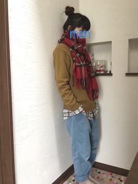 「マスタードイエロー」｜「アイテム（レッド系）」を使った、めんさん（レディース・149cm）の秋コーディネート