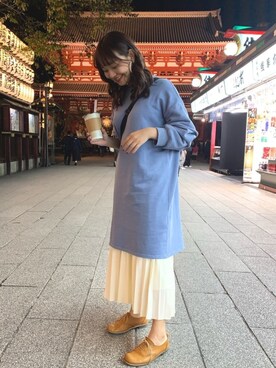 「KBF（ケイビーエフ）のフェイクレイヤードスウェットワンピース（ワンピース、ブルー系）」を使った、Naehimeさん（レディース・158cm）の秋コーディネート