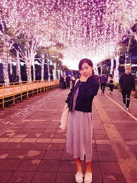 「Calvin Klein（カルバン・クライン）のアイテム（ライダースジャケット）」を使った、Kimmy Huangさん（レディース・154cm）の春コーディネート