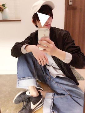 「白キャップ」｜「アイテム（MA-1）」を使った、トリノユウさん（メンズ・174cm）の春コーディネート