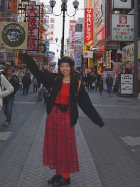 「赤コーデ」｜「アイテム（ブルゾン）」を使った、あ ヤメさん（レディース・173cm）の冬コーディネート