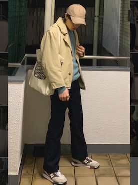 「アイテム（スラックス、ブルー系）」を使った、$HUnnnさん（メンズ・178cm）の春コーディネート